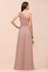 New Arrival Dusty Rose One Shoulder Lace Long Bridesmaid Dress-27dress